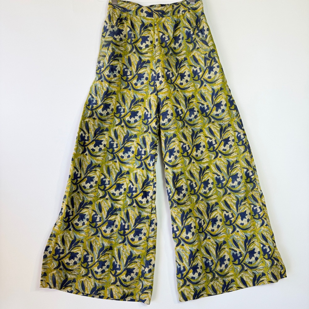 Anokhi Wide Leg Pants Women XS Yellow Navy Blue Floral Block Print Cotton Boho